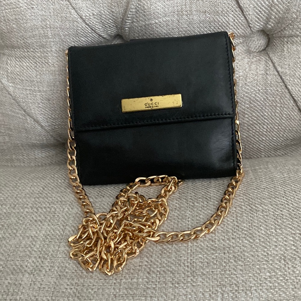 Gucci Black Wallet with Gold Chain Accent